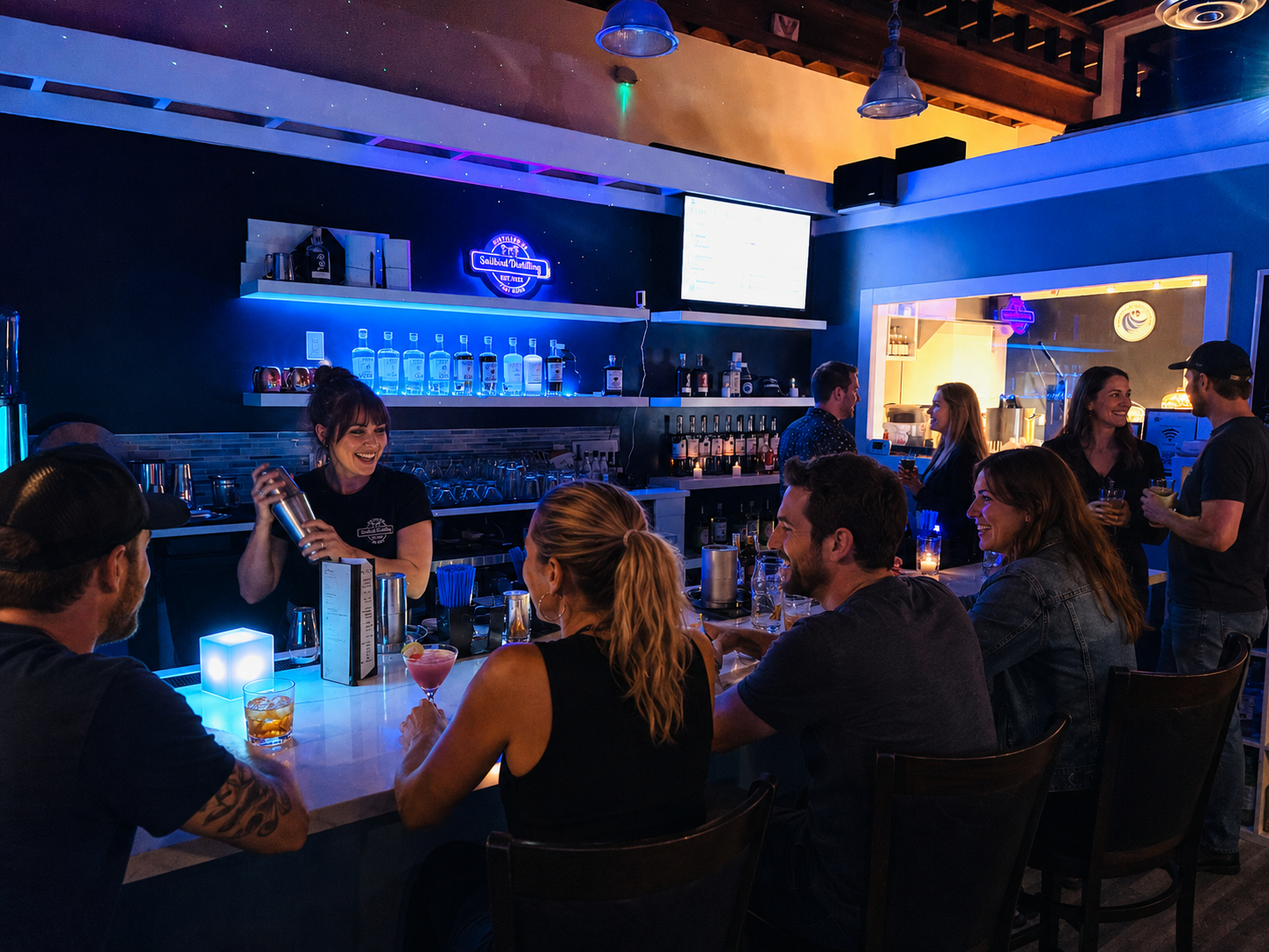 Evening scene inside Sailbird Distilling